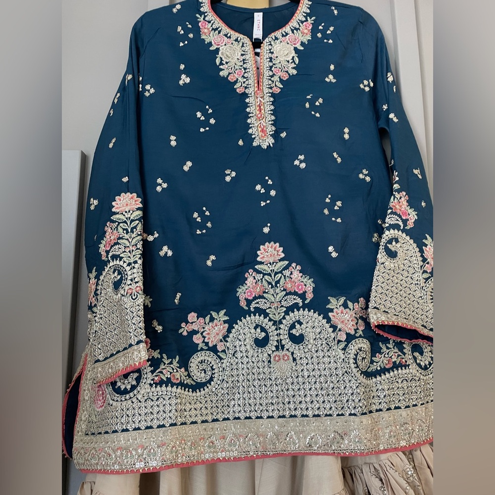 Embroidered Navy Top with Cream Sharara Skirt - Picture 4 of 12